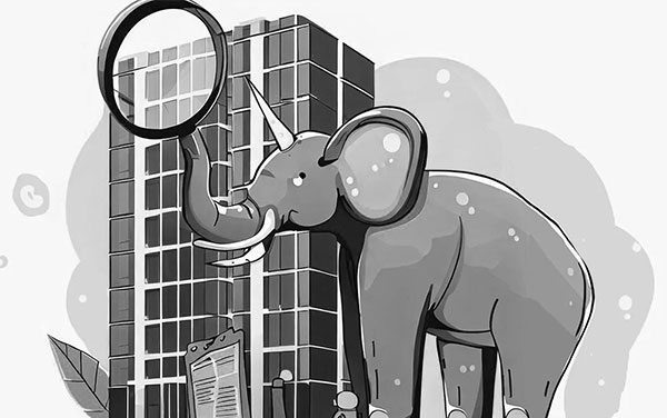 elephant with horn using magnifying glass on a multi-story building